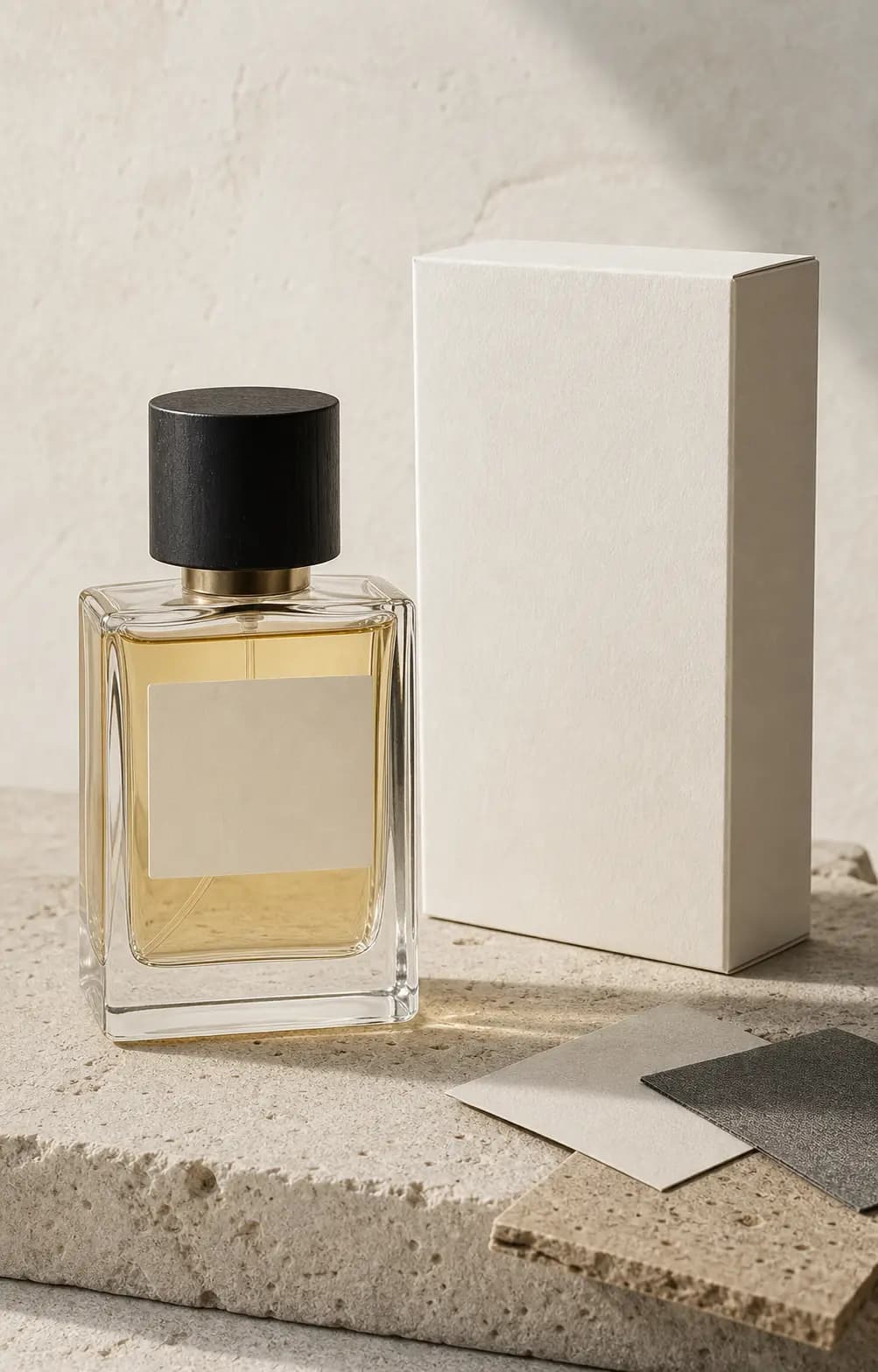 Unbeschrifteter Parfumflakon mit Verpackungs- und Materialmustern